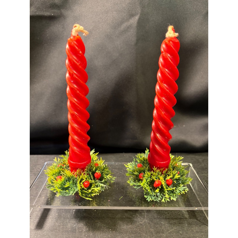 Vintage Red Spiral Taper Candles with Faux Greenery Berry Wreath Rings Set of 2